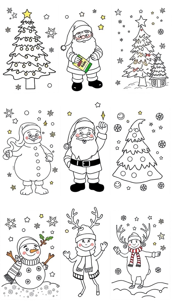 Christmas Coloring Pages for Kids A variety of Christmas coloring pages including Santa, trees, and snowmen, designed for kids to color.